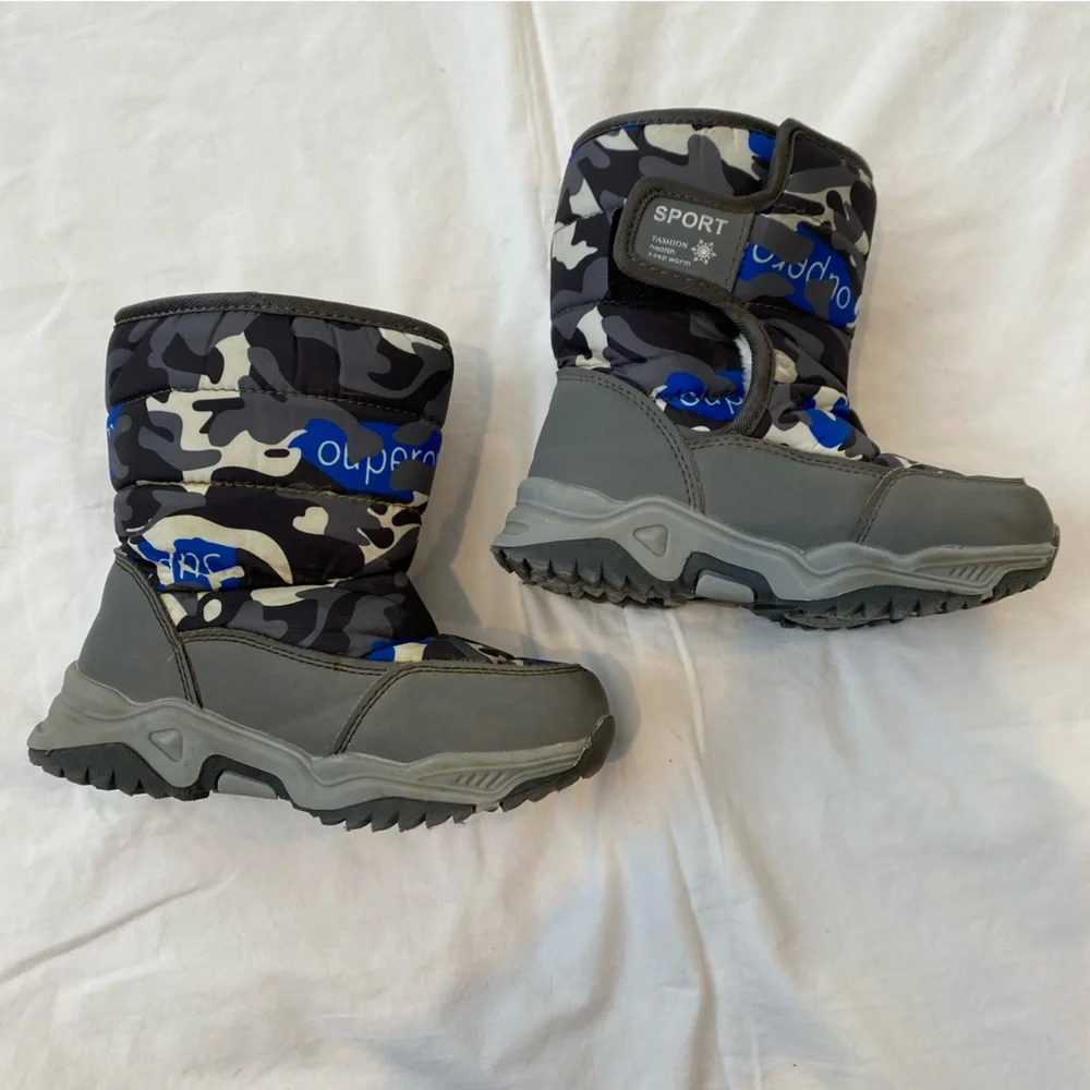 SNOW BOOTS Blue Waterproof Camouflage Camo Blue Black Gray Rain Winter Outdoor